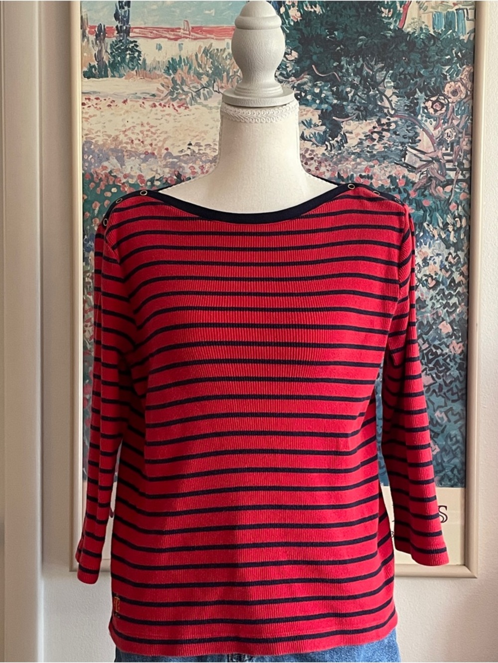 Lauren Ralph Lauren Striped Boatneck Sweater M Red Navy Cotton Nautical 90s